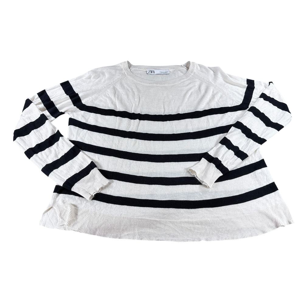 Zara Cream and Black Striped Light‎ Crewneck Sweater Sz M